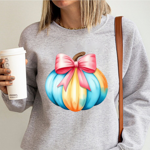 Pastel Pumpkin Bow Cozy Fall Sweatshirt
